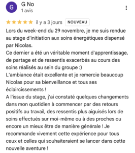 Témoignage écrit d’une participante à un atelier d’initiation aux soins énergétiques en présentiel animé par Nicolas Kaag